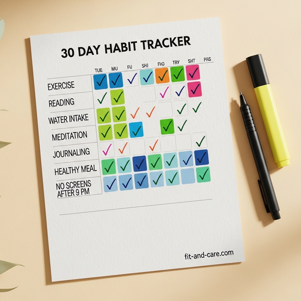 30-day habit tracker sheet with checkmarks for daily habits like exercise and meditation