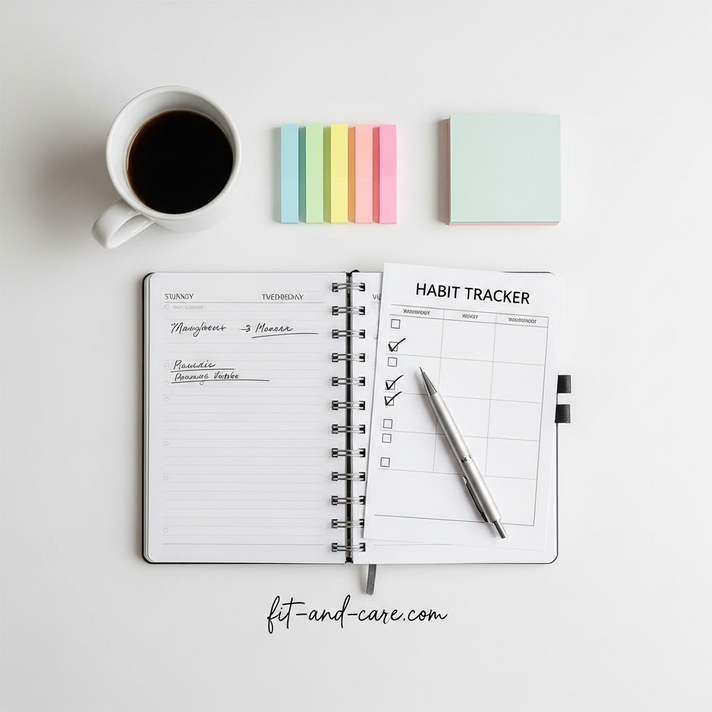 goal planner and habit tracker flat lay on white desk with notebook and pen