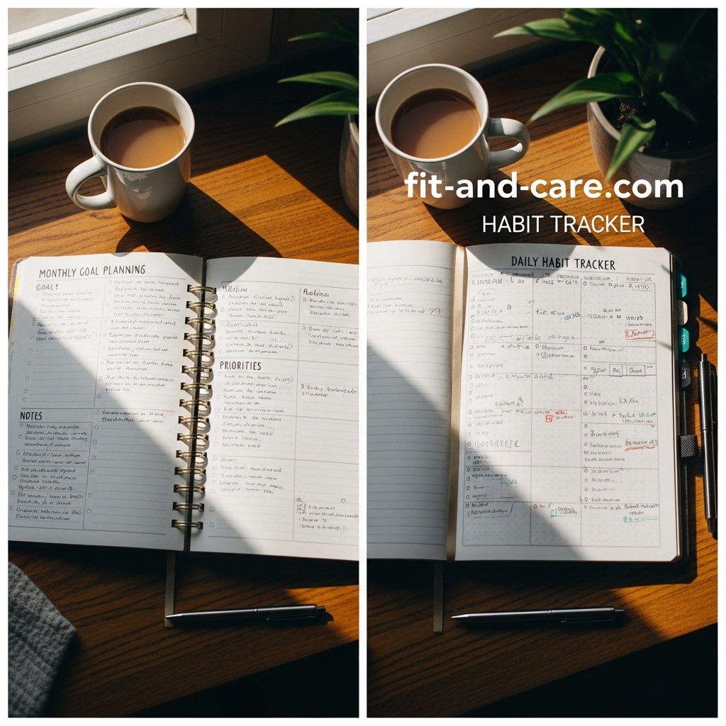 monthly goal planner spread alongside daily habit tracker in a productivity planner