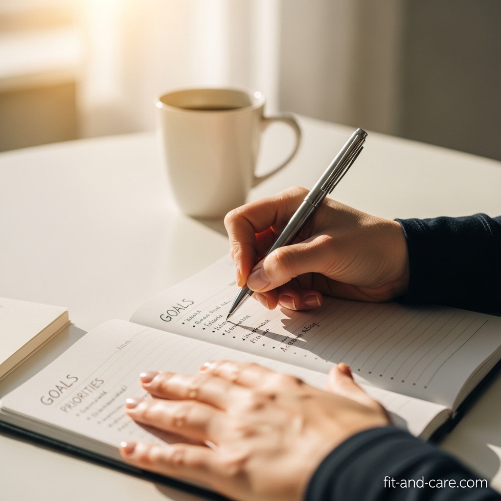 person writing goals in a goal planner notebook at a productive morning desk setup