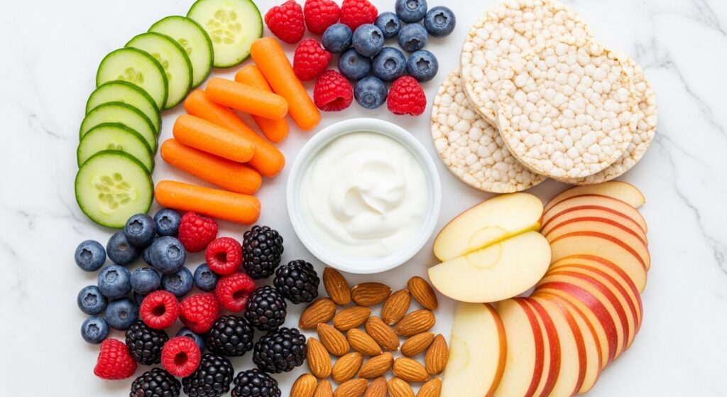 Colorful assortment of healthy snacks under 100 calories arranged on white marble surface