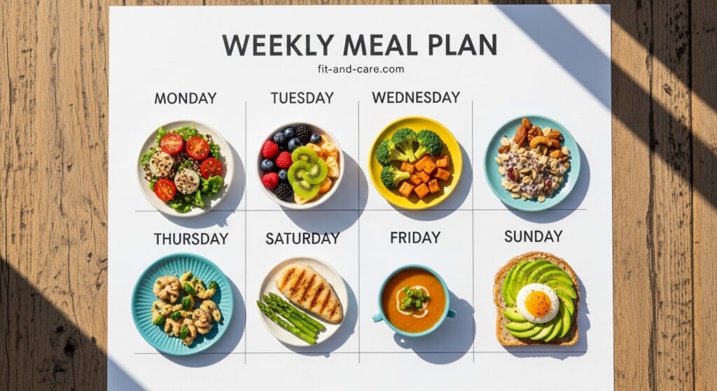 Complete 7-day healthy meal plan calendar with daily meals from Monday to Sunday