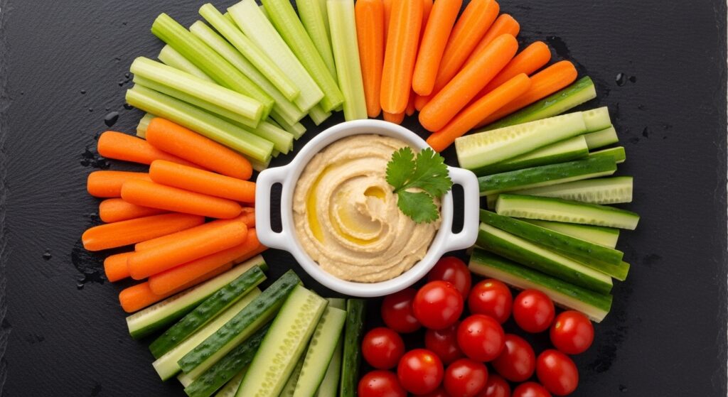 Fresh vegetable crudites with hummus — low calorie snack perfect for weight loss
