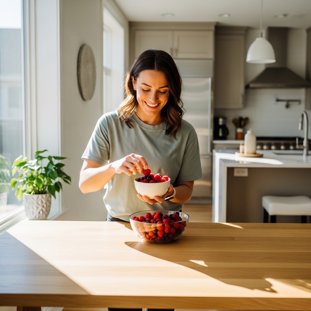 Happy woman eating a bowl of healthy low-calorie berries as a guilt-free snack at home