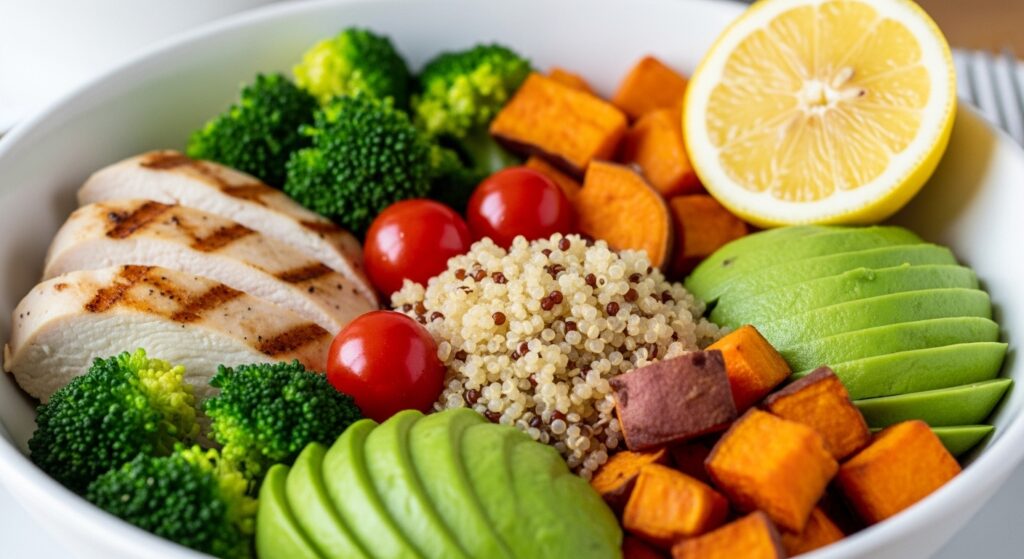 Healthy 1500-calorie lunch bowl with grilled protein, quinoa and fresh vegetables