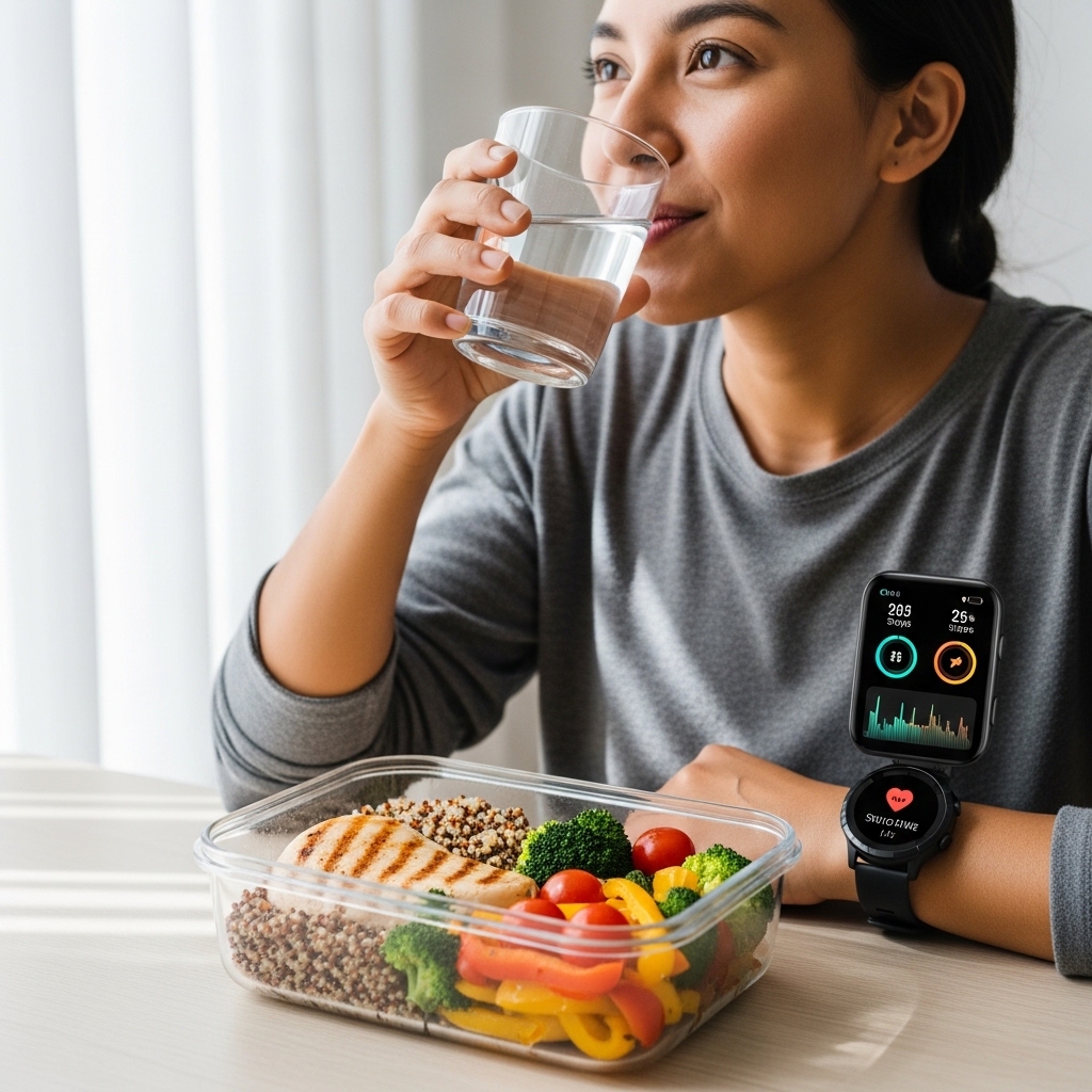 Healthy lifestyle habits alongside a 1500-calorie meal plan—hydration and exercise