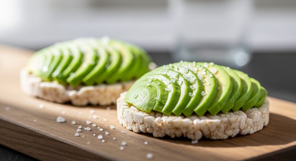 Rice cakes topped with sliced avocado — whole grain healthy snack under 100 calories