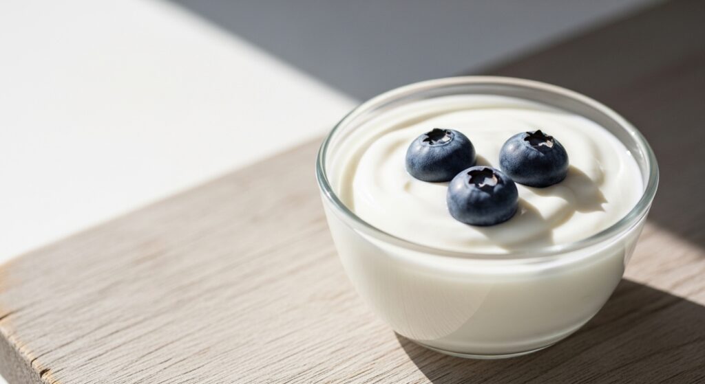 Small bowl of plain Greek yogurt topped with fresh blueberries — healthy snack under 100 calories