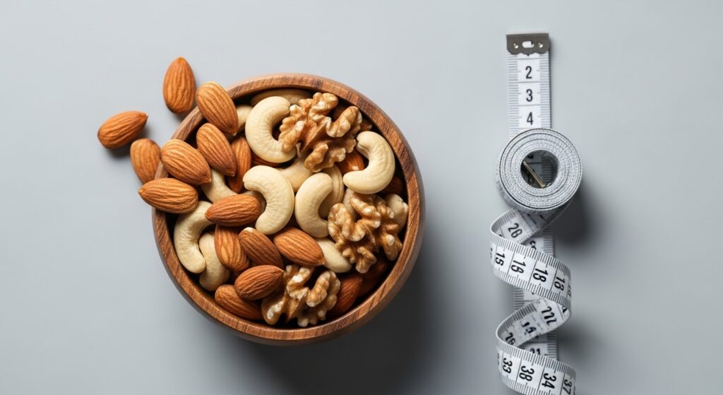 Small portion of mixed nuts—protein-rich healthy snack under 100 calories with measuring tape