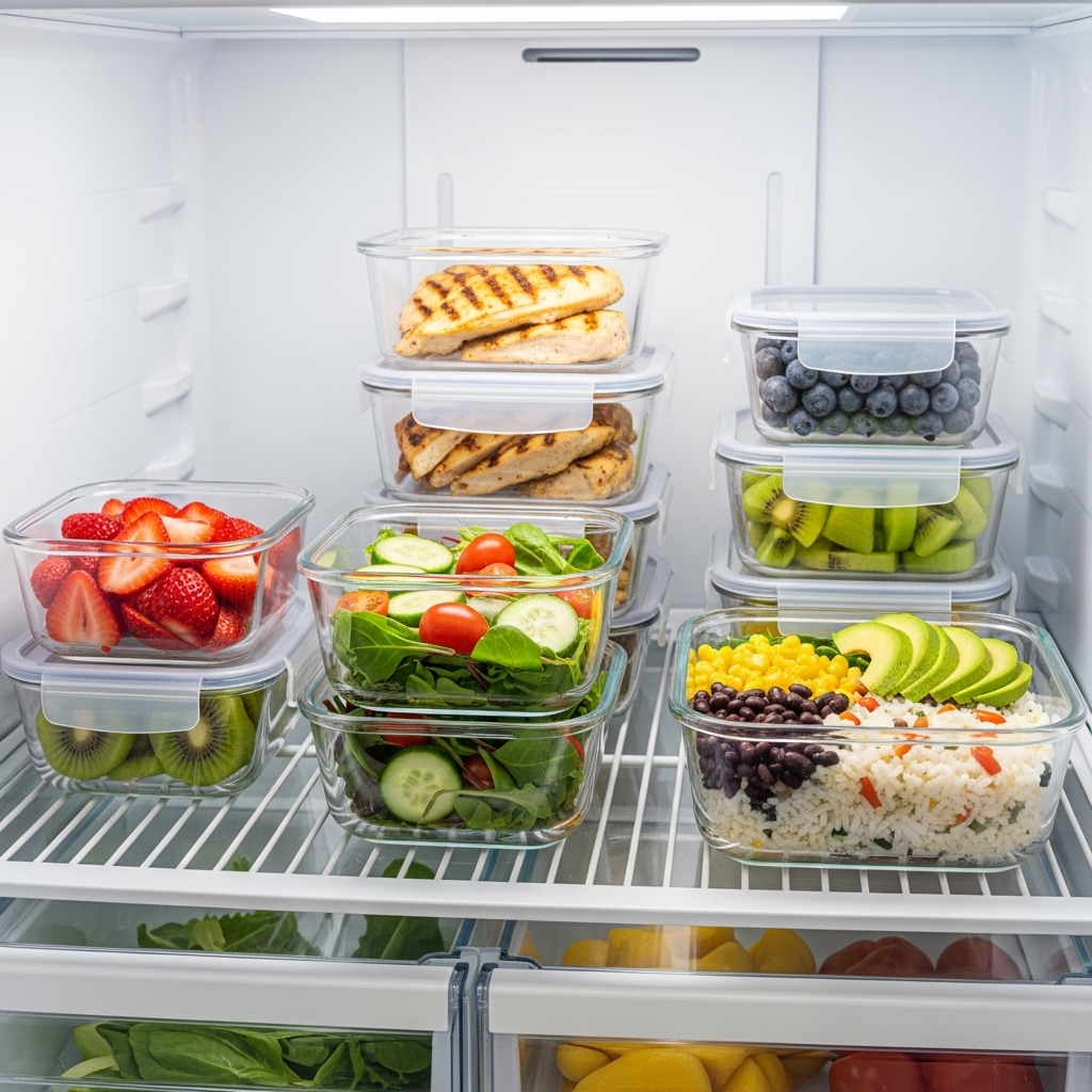 Weekly meal prep containers with 1500-calorie healthy meals organized in the refrigerator