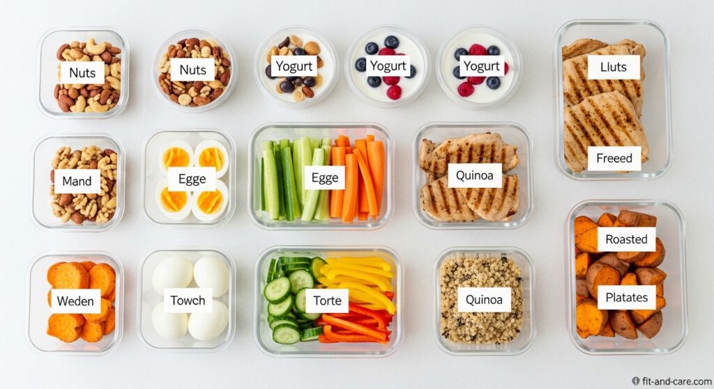 Weekly snack meal prep with portioned healthy foods in labeled containers for under-100-calorie snacking