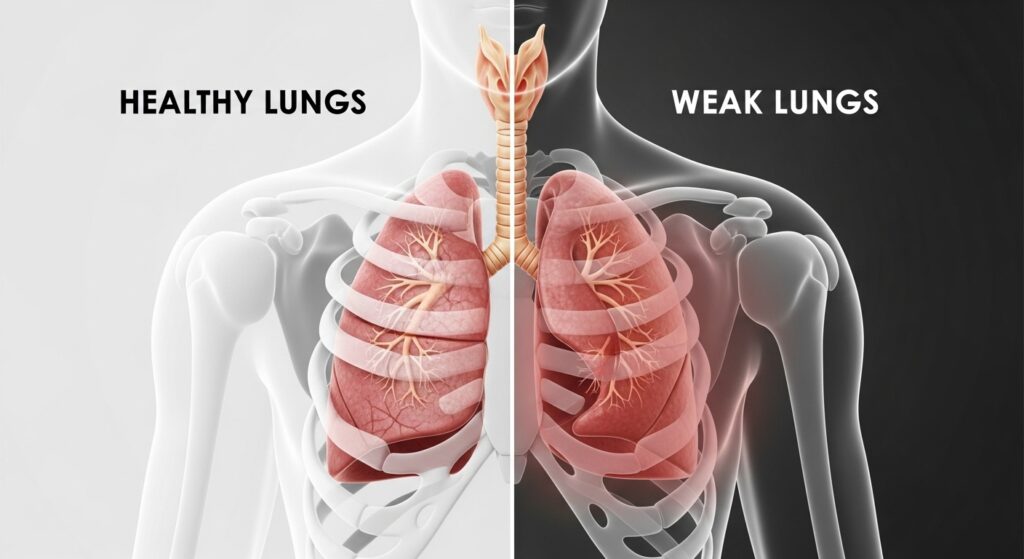 healthy lungs vs weak lungs comparison illustration