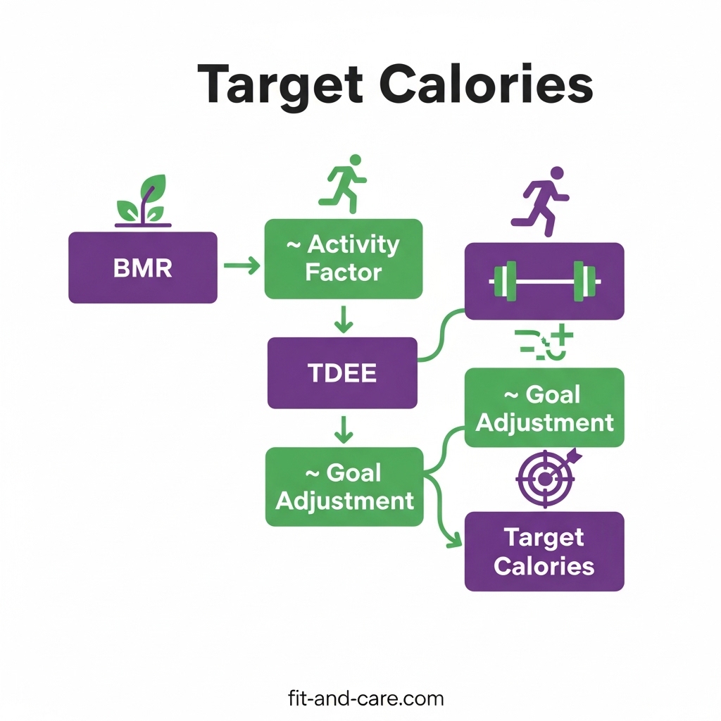 Diagram showing how BMR multiplied by activity factor equals TDEE for calorie calculation