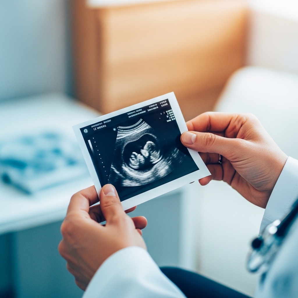First-trimester ultrasound image used to accurately calculate pregnancy due date and gestational age. 