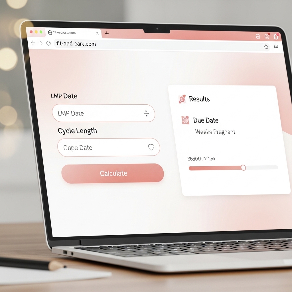 A fit-and-care free pregnancy calculator tool showing due date result, weeks pregnant, and trimester on screen. 