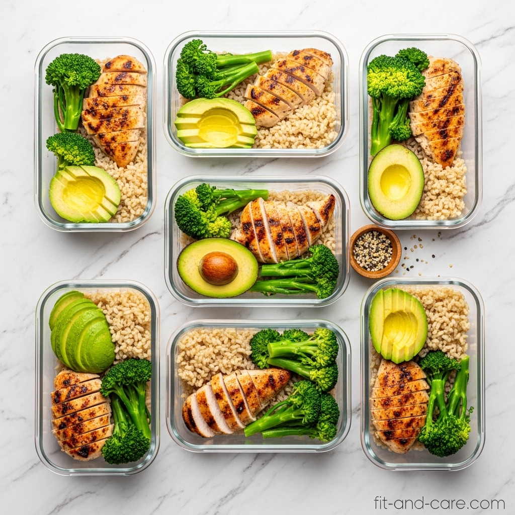 Healthy macro-balanced meal prep containers with protein, carbs and fats for daily calorie planning