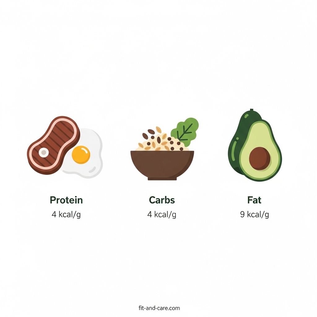 Infographic showing calories per gram of protein, carbs, and fat macronutrients