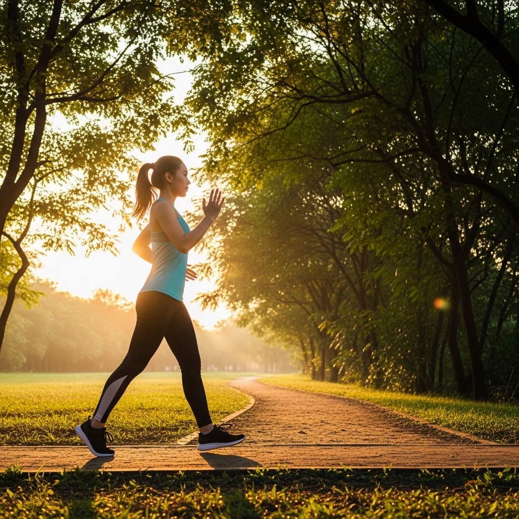Japanese walking method for weight loss and fitness—woman walking in park