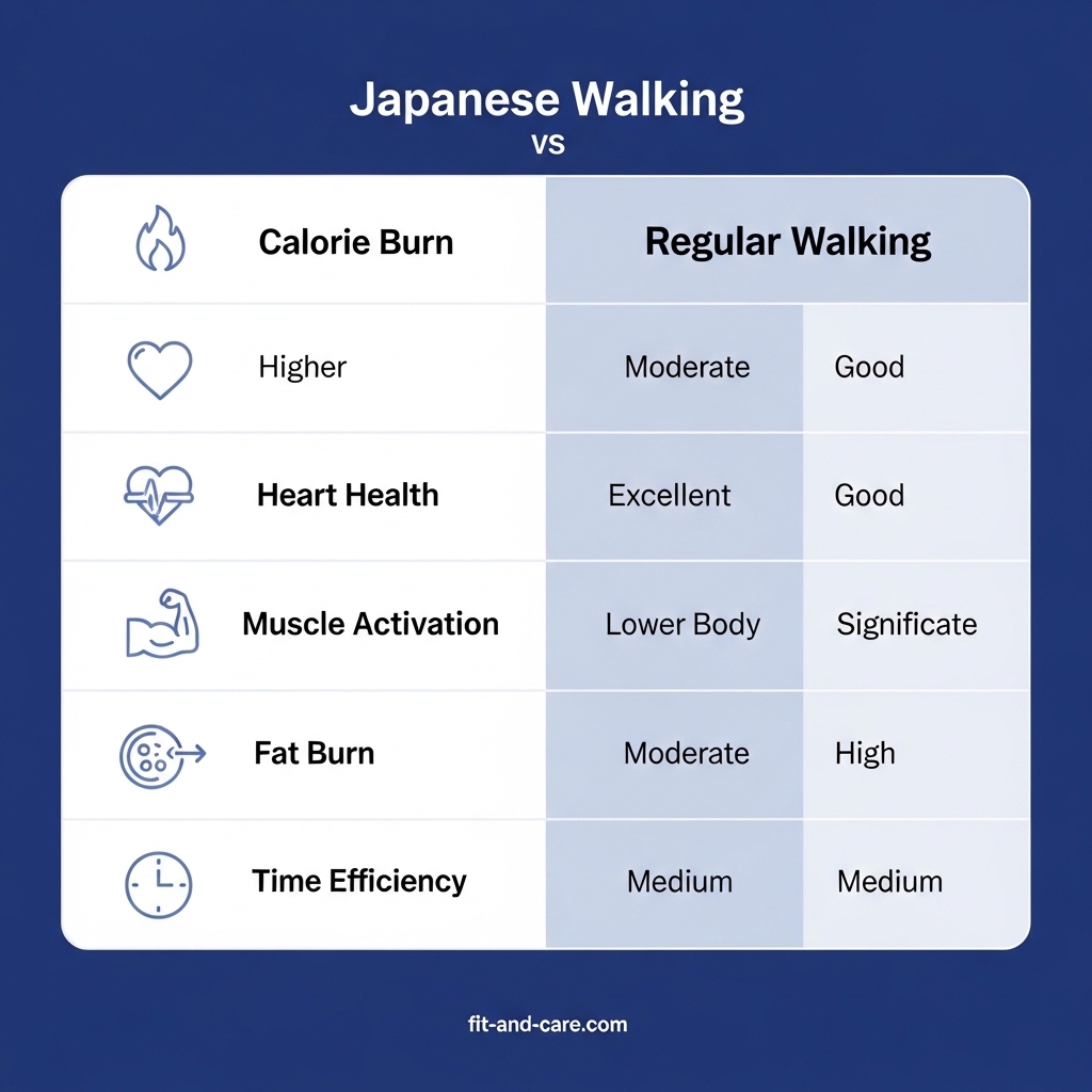 Japanese walking vs regular walking comparison chart — benefits and differences