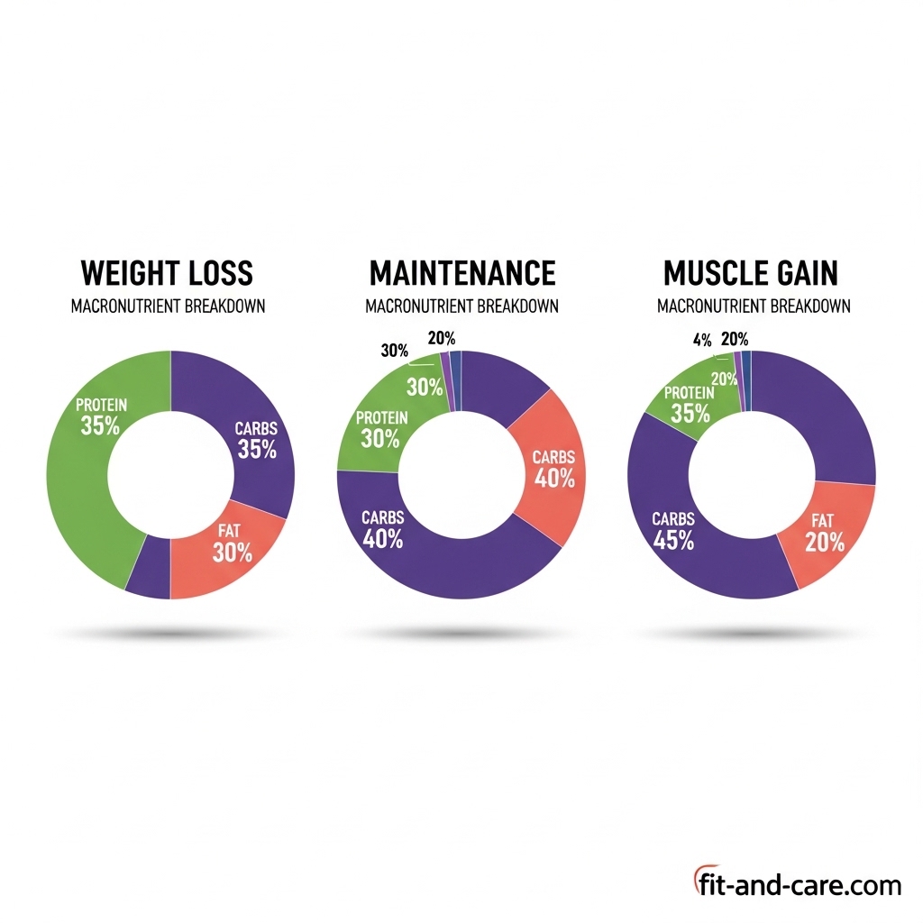 Macro ratio pie charts for weight loss maintenance and muscle gain nutrition goals