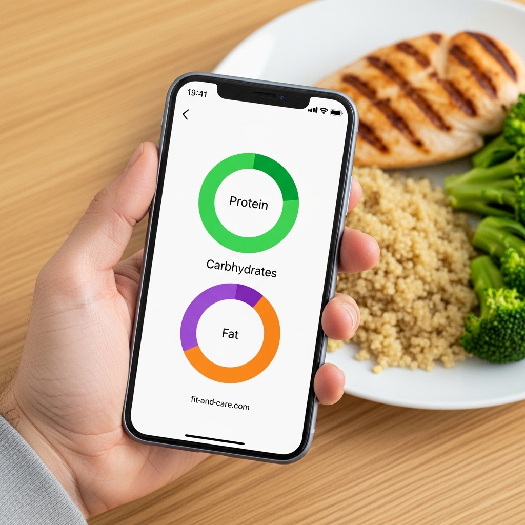 Person tracking macros on smartphone nutrition app after using online calorie planner calculator
