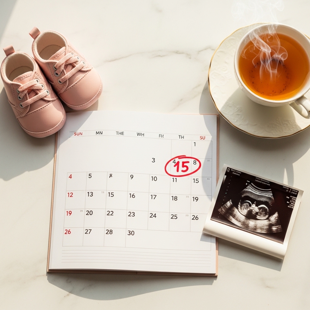 Pregnancy due date calculator tool with calendar and ultrasound photo on fit-and-care.com' 
