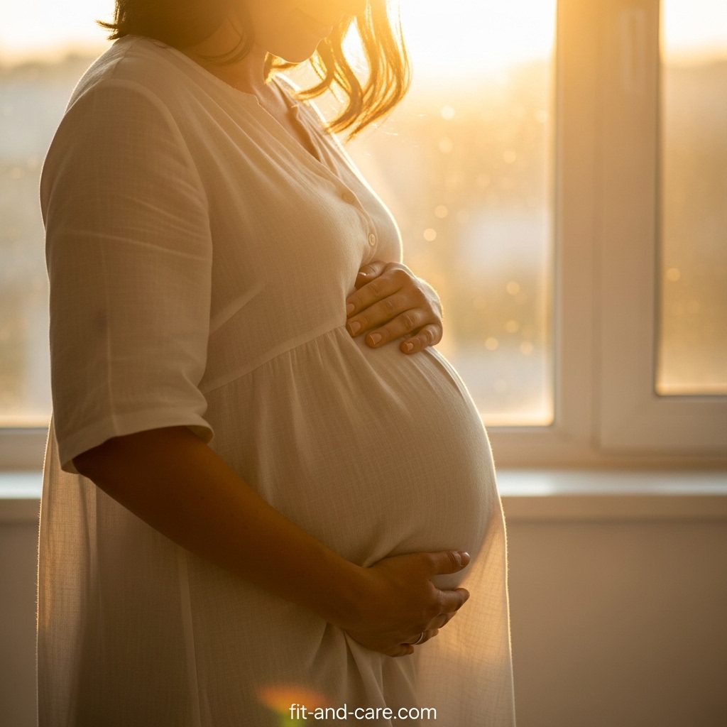 Pregnant woman in second trimester holding baby bump near window showing pregnancy progress. 