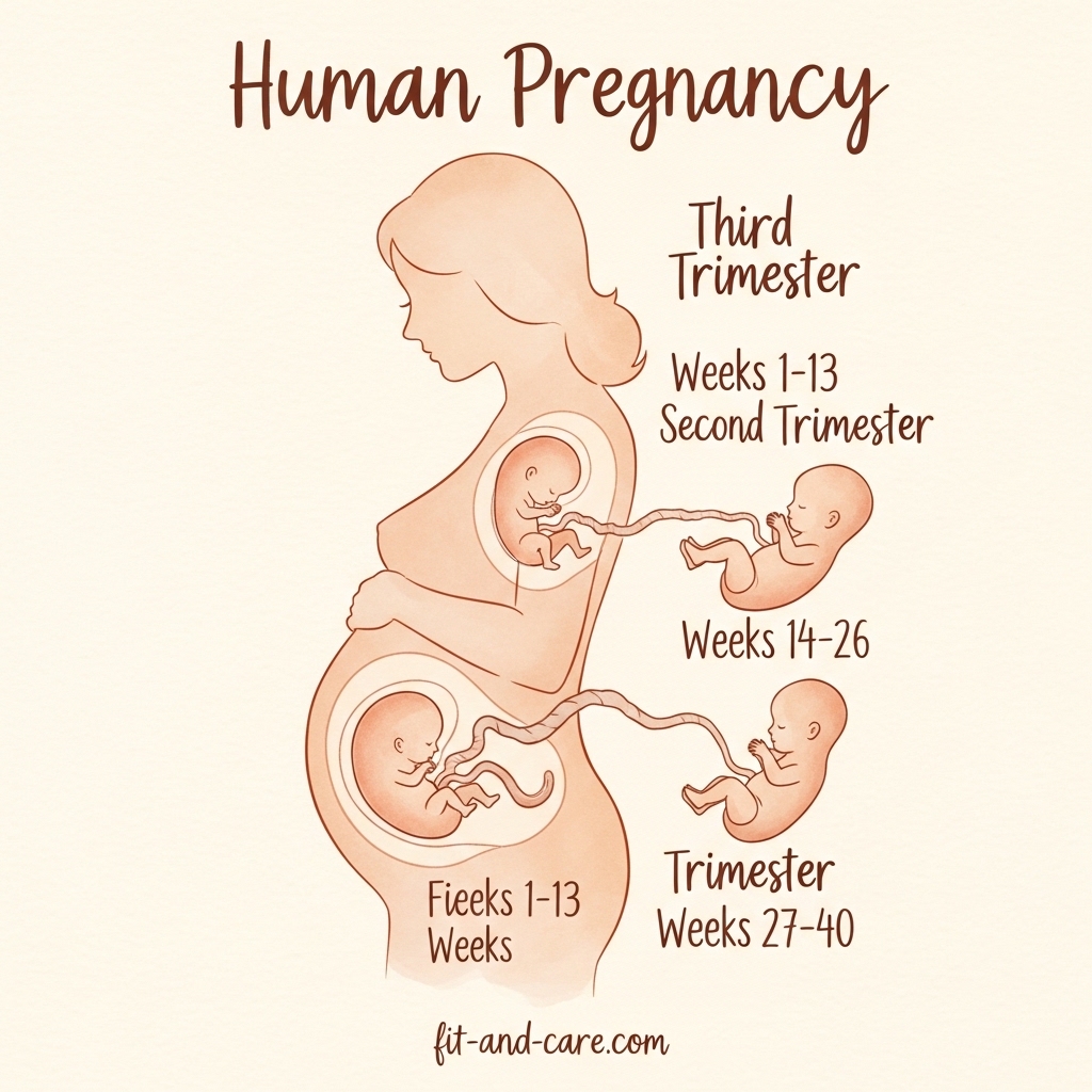 Three trimesters of pregnancy timeline showing weeks 1 to 40 with fetal development stages. 
