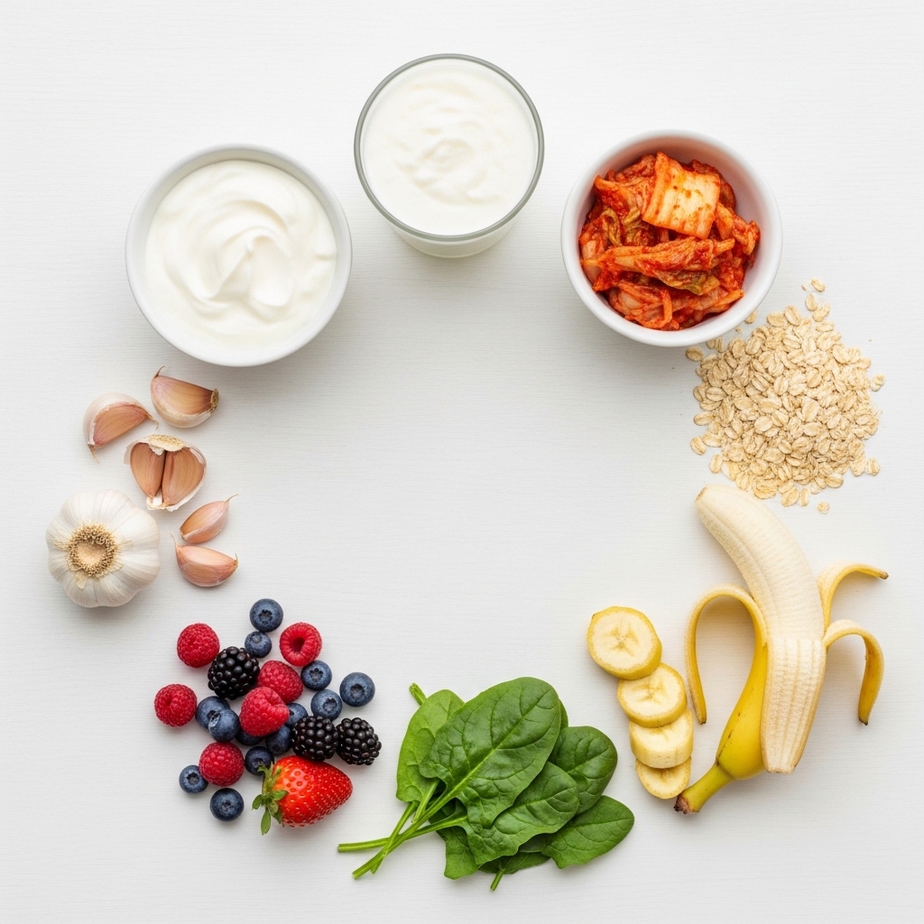 Top gut health foods for weight loss, including probiotics, prebiotics, and high-fiber options, arranged as a visual guide