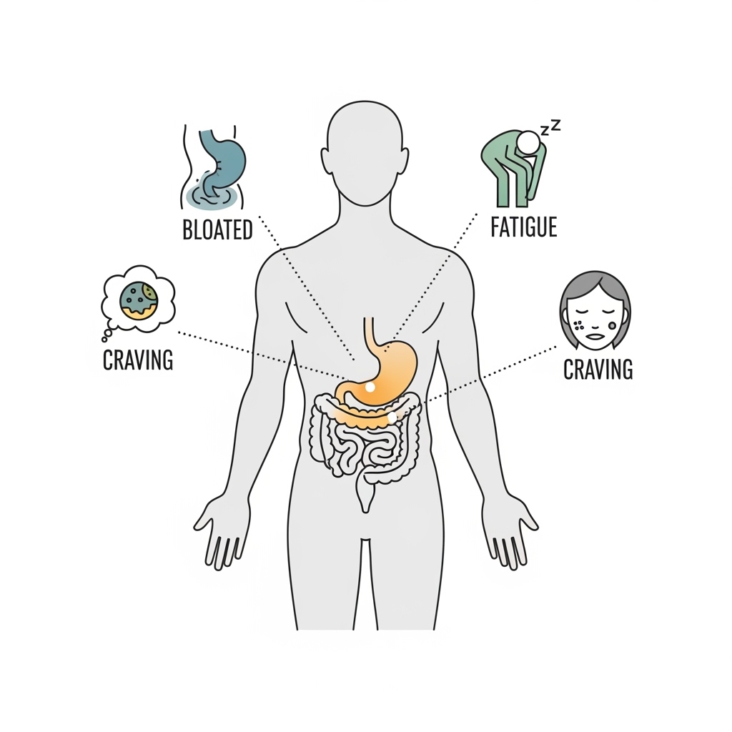 symptoms of poor gut health including bloating, fatigue, sugar cravings, and skin issues linked to gut imbalance