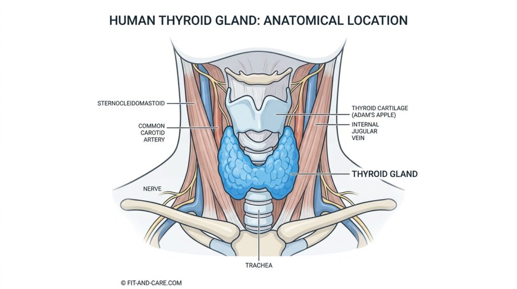 Diagram showing the location and anatomy of the thyroid gland in the human neck