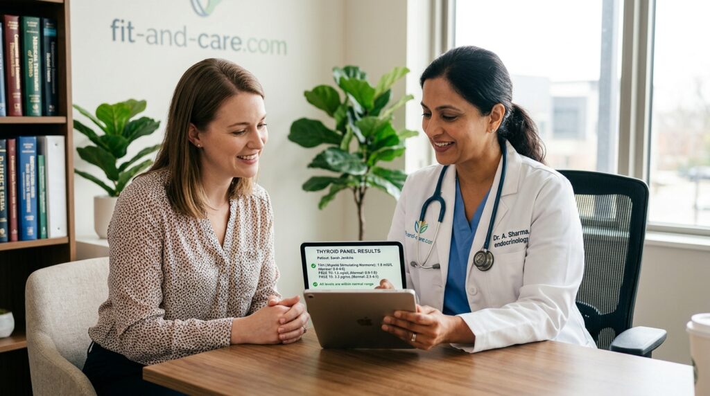 Doctor reviewing thyroid test results including TSH, T3, and T4 levels with a female patient