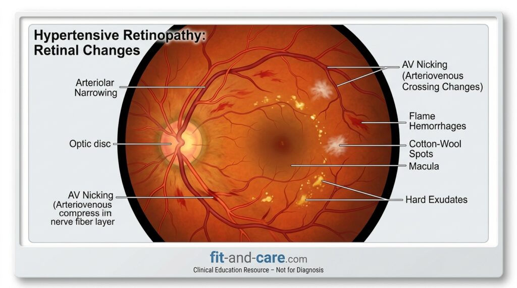 Hypertensive retinopathy—eye damage caused by high blood pressure showing damaged retinal vessels
