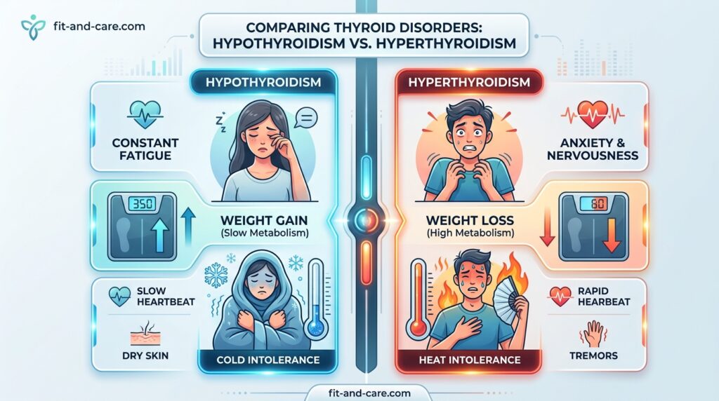 Infographic comparing early warning signs of hypothyroidism vs hyperthyroidism in men and women
