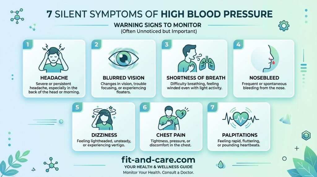 Infographic showing 7 silent symptoms of high blood pressure and hypertension warning signs