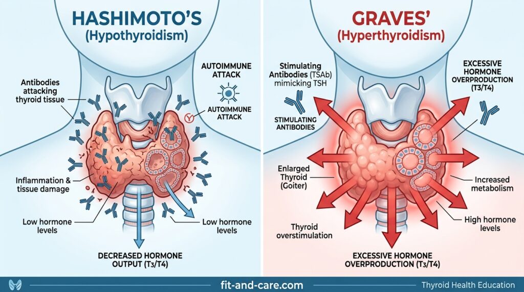 Medical diagram explaining the difference between Hashimoto's thyroiditis and Graves' disease autoimmune mechanisms