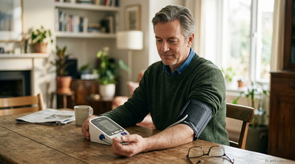 A person unaware of high blood pressure checking blood pressure with a monitor at home