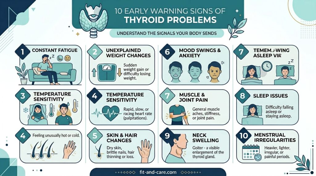Shareable infographic listing 10 early warning signs of thyroid problems in men and women