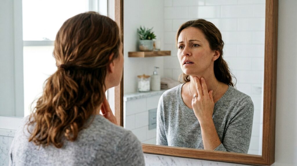 Woman examining her neck for signs of thyroid problems such as goiter or swelling
