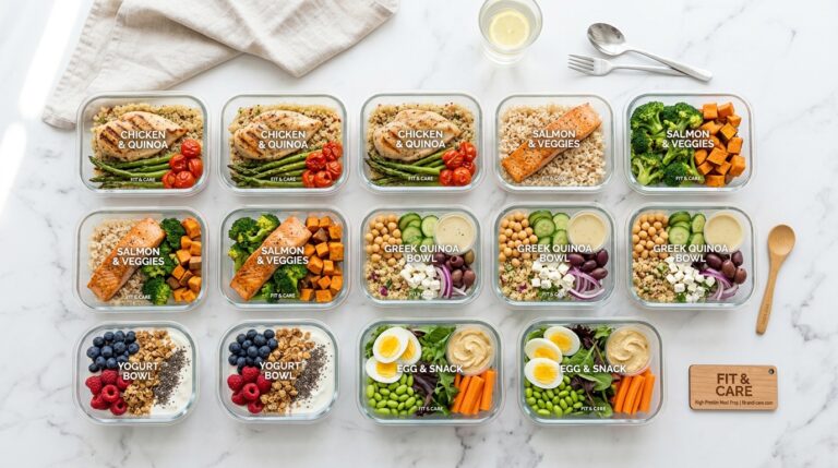 7-day high-protein meal plan containers with chicken, salmon, eggs and vegetables