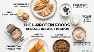 best high protein foods with protein grams per serving - chicken eggs salmon yogurt
