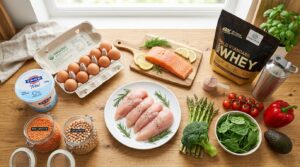 high protein meal plan grocery shopping list ingredients flat lay