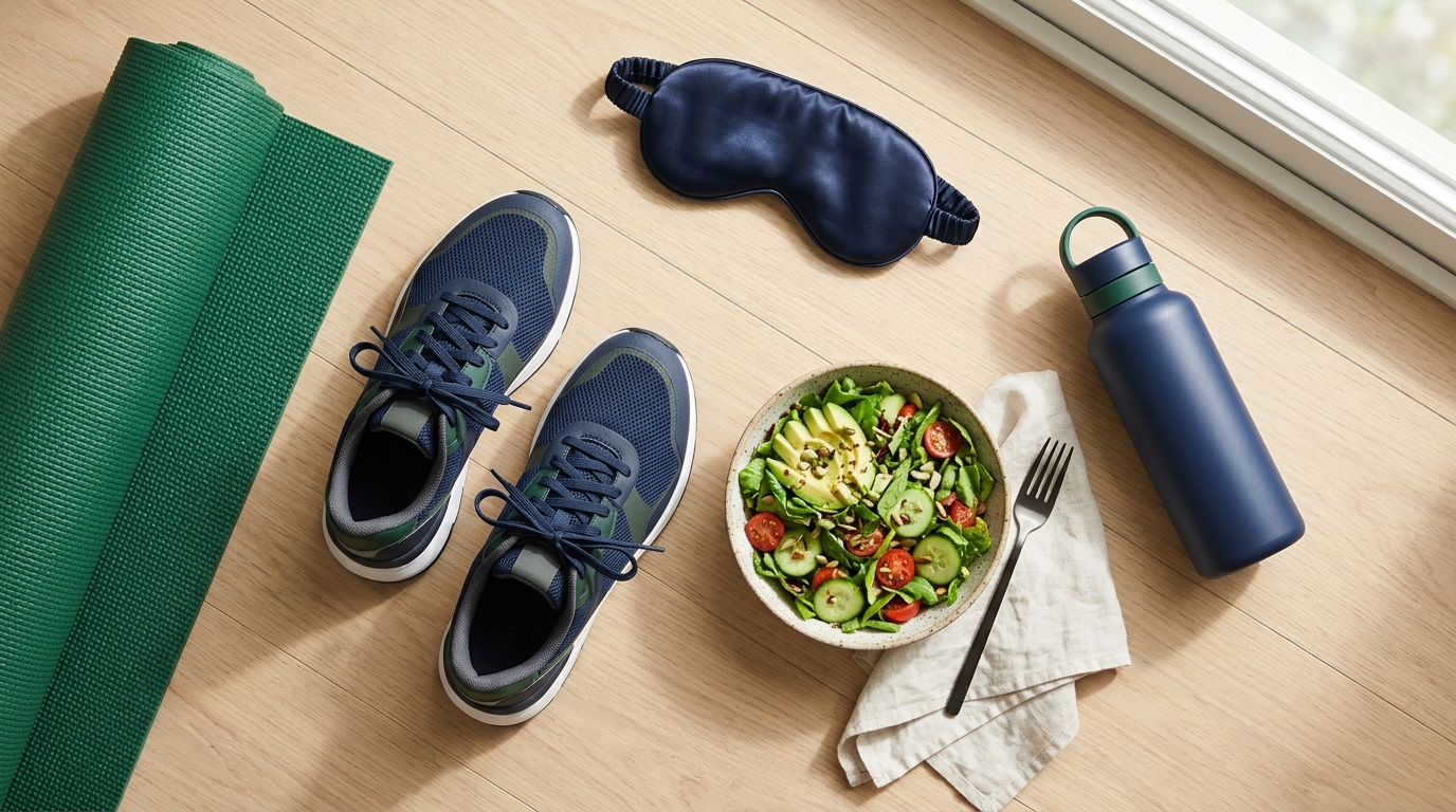 yoga mat, running shoes, salad and water bottle representing habits that affect biological age