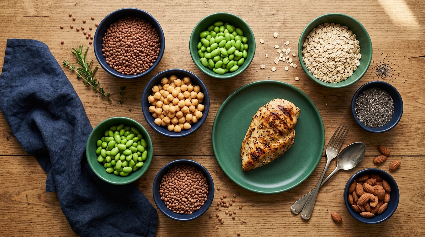 fiber and protein calculator featured image showing high-fiber and high-protein foods