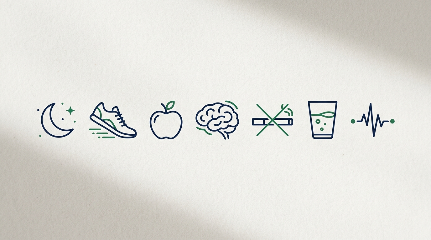 icons for sleep, exercise, diet, stress, smoking, alcohol and heart rate used by the biological age calculator